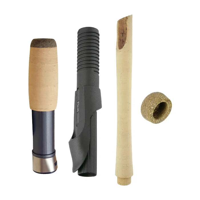 Set of four fishing rod components including a cork handle grip, black reel seat, slim cork rod handle, and a small textured cork ring for repairing or customizing with the Handle Kit - VSS Spinning V16HKC.
