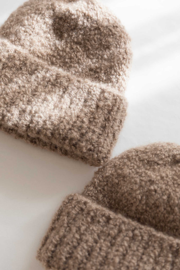 taupe bouclé cashmere beanie with soft texture