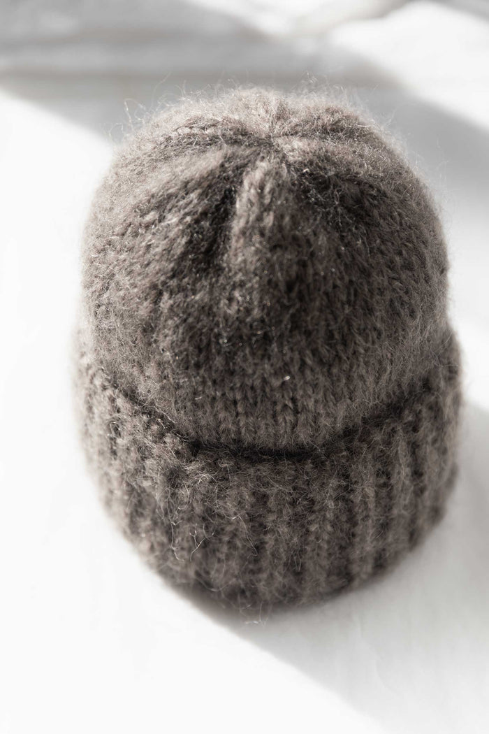 Brown mohair silk beanie hand-knitted in small batches