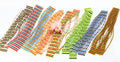 Hareline Triple Barred Heavy Duty Silicone Legs in various colors including brown, red, orange, yellow, green, blue, and yellow-orange, displayed for fishing lure customization.