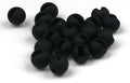 Close-up of small, matte black, slotted fishing beads designed for tackle, identified as Hareline Tungsten Beads Painted (Slotted), used in fishing rods and lure setups.