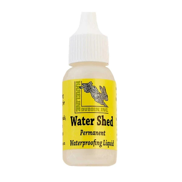 Small bottle of Hareline Water Shed Floatant with a white cap and yellow label, used as a permanent waterproofing liquid for fishing tackle and fly fishing gear.