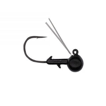 Black Hayabusa Brush Easy Round Jig Head fishing lure with a single sharp hook, weed guard bristles, and a rounded lead head designed for freshwater fishing tackle.