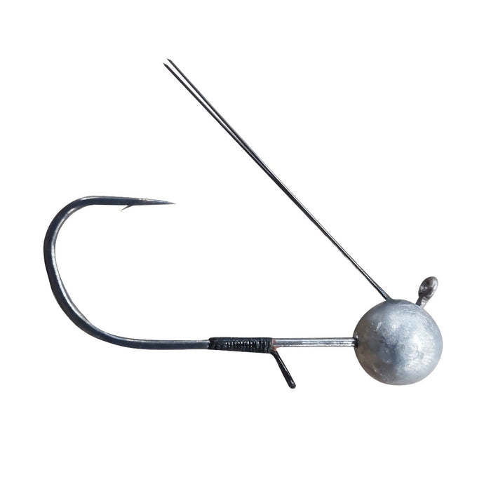 Hayabusa D-STRIKER Tungsten Mid Strolling Jighead fishing lure featuring a sharp curved hook with a polished tungsten weighted head designed for precise and effective fishing tackle use.