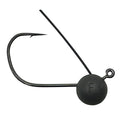 Close-up of a black Hayabusa D-STRIKER Wacky Jig Head featuring a sharp fishing hook, weighted round head with an embossed "F," and an angled weed guard for fishing tackle use.