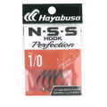 Package of Hayabusa NSS Hook Perfection II size 1/0 fishing hooks, showing four black curved hooks inside clear plastic packaging with white and red branding.