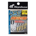 Package of Hayabusa NSS Hook Perfection size 1/0 with four needle-point fishing hooks designed for precision and reduced line twisting, displayed on textured background.
