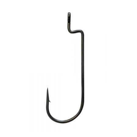 Hayabusa WRM114HD Round Bend Offset Hook in black metal, designed with a sharp point and offset bend for effective fishing tackle use.