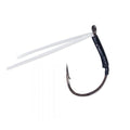 Close-up of a single fishing hook with a black coated shaft and clear fluorocarbon guard strands, designed for fishing tackle, identified as Hayabusa WRM201 Fluorocarbon Guard Wacky Hook.