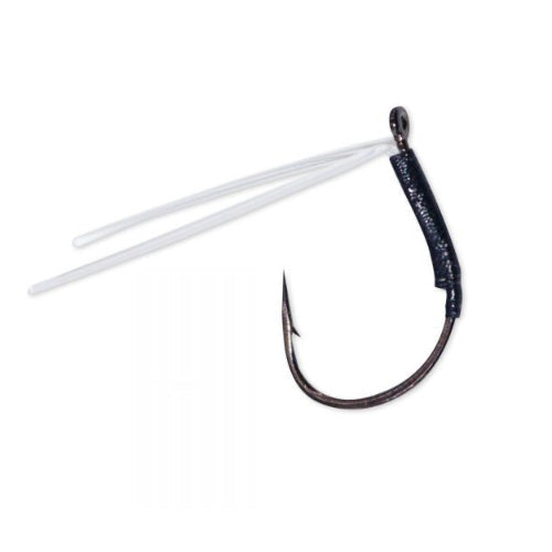 Close-up of a single fishing hook with a black coated shaft and clear fluorocarbon guard strands, designed for fishing tackle, identified as Hayabusa WRM201 Fluorocarbon Guard Wacky Hook.