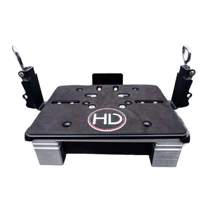 HD Innovations HD Shuttle Docking System (NO Rotator) black mounting platform with metal brackets and attachment points for secure fishing tackle or marine electronics installation.