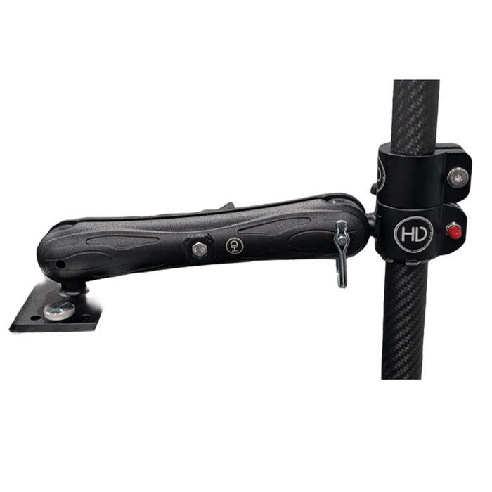 HD Innovations HD UMS Combo 9" Arm & Multi-Use Plate with black adjustable arm and mounting bracket attached to a carbon fiber pole, designed for versatile fishing tackle setups.