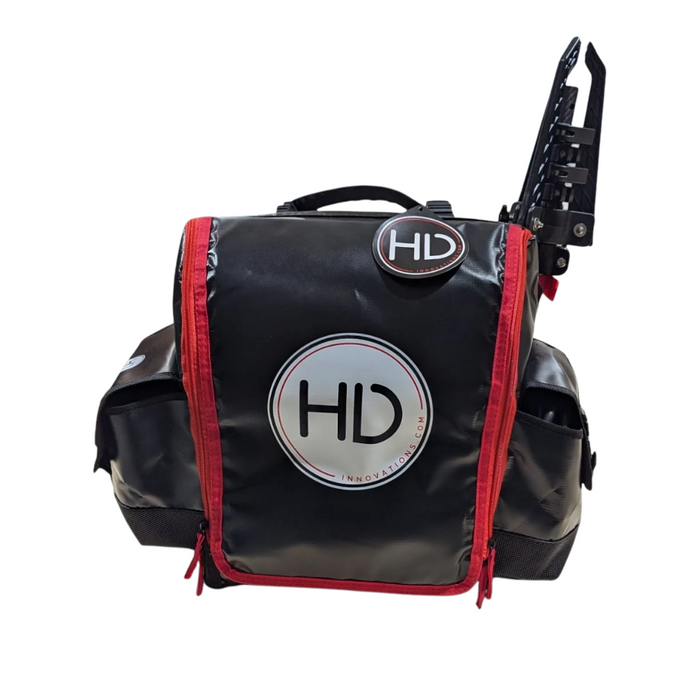 HD Innovations HDI Shuttle Bag in black with red trim featuring multiple compartments, sturdy handle, and a rod holder attachment for organized fishing tackle and gear.