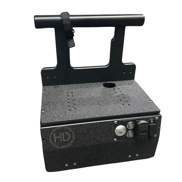 HD Innovations HDI Shuttle black textured fishing tackle accessory with mounting handle, control buttons, power outlet, and strap for securing equipment.