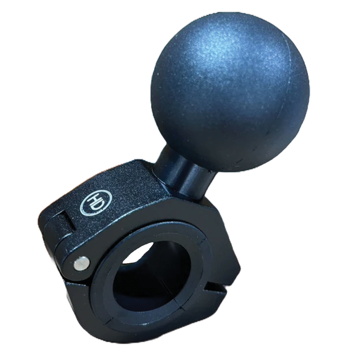 HD Innovations UMS 1.5" Ball (TO ROUND RAIL ADAPTER) in black metal with a textured round ball mount and clamp designed for secure attachment to round rails, ideal for fishing tackle setups.