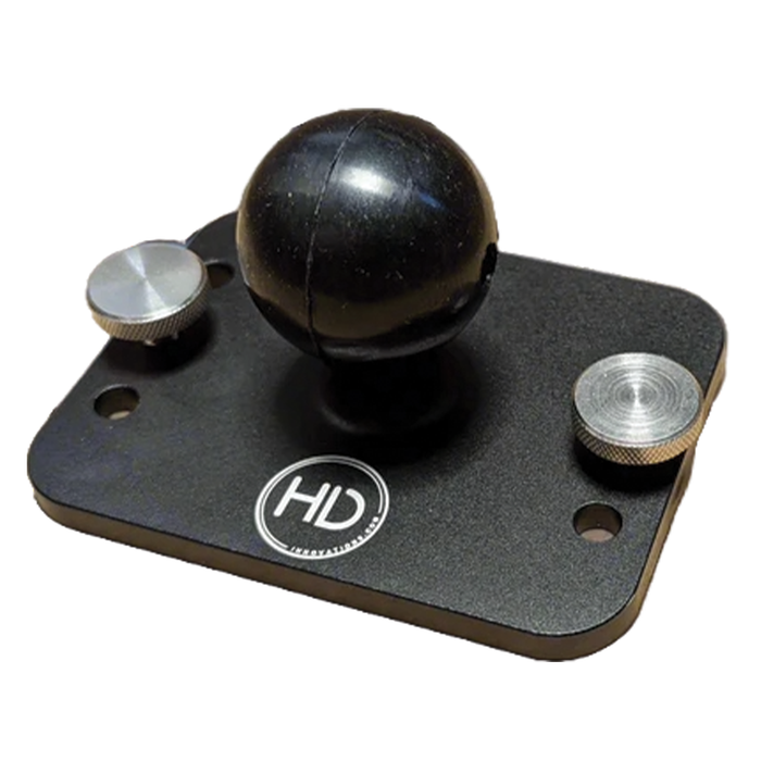 HD Innovations UMS Multi-Use Plate (3" Track) featuring a black rectangular base with mounting holes, two silver adjustment knobs, and a central black spherical attachment for versatile mounting options.