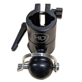 HD Innovations UMS Pole Adapter in black, featuring a clamp mechanism with adjustable screw, a lever handle, and a metal ball joint for secure attachment to fishing rods or marine equipment.