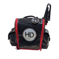 Black and red HD innovations XL Shuttle Bag with multiple compartments, side pockets, a top handle, and an attached rod holder for fishing tackle and gear storage.