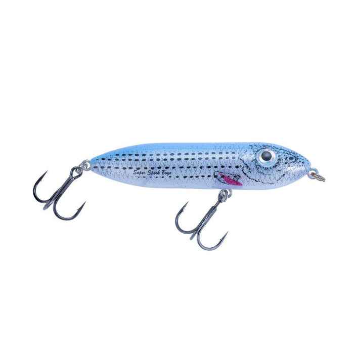 Heddon Super Spook Boyo fishing lure in blue and silver with two treble hooks, designed for effective fishing tackle use at Thorne Bros Midwest shop.