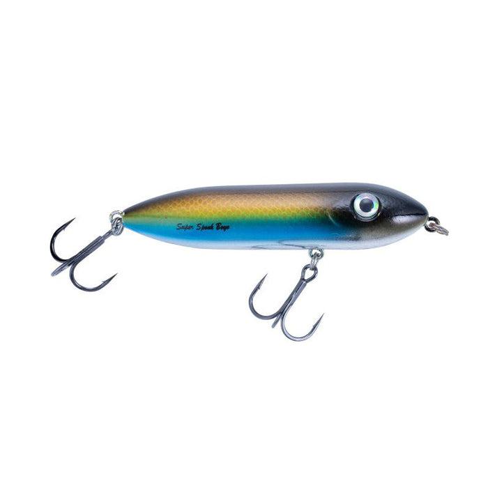 Heddon Super Spook Boyo fishing lure in blue and gold with two sets of treble hooks designed for musky fishing and precision in casting.