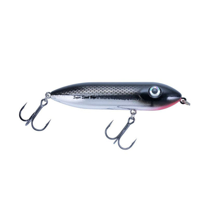 Heddon Super Spook Boyo fishing lure with a sleek black and silver body, detailed eye, and two treble hooks designed for effective musky and freshwater fishing.