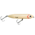 Heddon Super Spook Jr. fishing lure in natural wood finish with two treble hooks, realistic eye detail, and red accent near the head, designed for effective fishing tackle use.