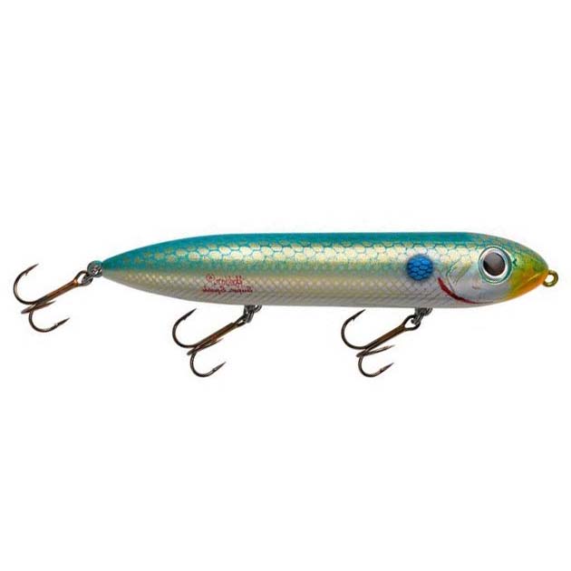 Heddon Super Spook fishing lure in blue and silver with a textured scale pattern, featuring three treble hooks designed for effective freshwater fishing tackle.