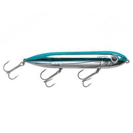 Heddon Super Spook fishing lure in blue and silver with three treble hooks, designed for use with fishing rods and tackle for musky and other freshwater species.
