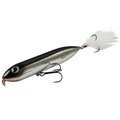 Heddon Super Zara Spook fishing lure with a black and silver scaled body, lifelike eyes, dual treble hooks, and a white feathered tail for attracting fish.
