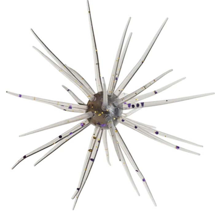 Hideup Coike 13mm fishing lure with translucent body and multiple thin flexible appendages with purple and black speckles, designed to attract fish.