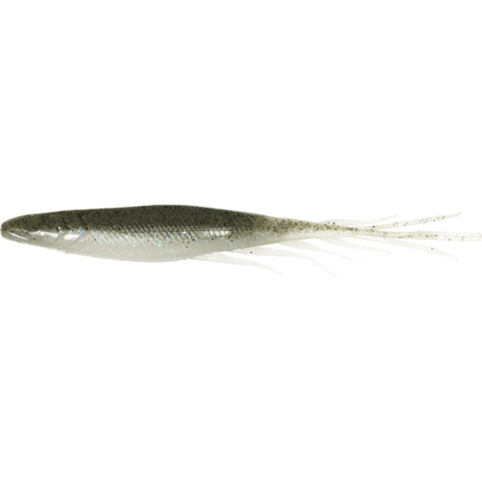 Hideup Judy Fish 5.2" soft plastic fishing lure in translucent gray with black speckles and multiple slender appendages for lifelike movement in water.