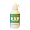 Small white plastic squeeze bottle of High N Dry Floatant gel with a green and blue label designed for fishing tackle use to keep flies floating on water surfaces.