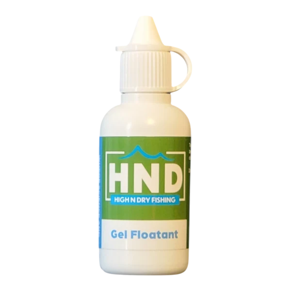 Small white plastic squeeze bottle of High N Dry Floatant gel with a green and blue label designed for fishing tackle use to keep flies floating on water surfaces.