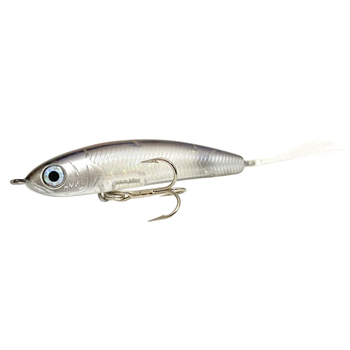 HMKL Jordan 50 F fishing lure in silver with blue eye detailing, designed for musky fishing featuring a realistic fish shape and sharp treble hook for effective catch.