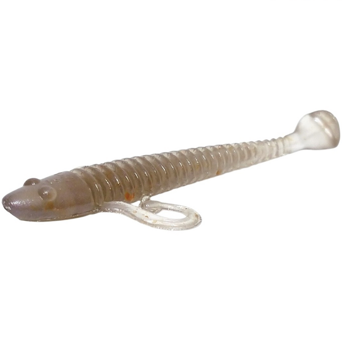 Close-up of a translucent fishing lure shaped like a small fish with ribbed body and paddle tail, designed for use with the HMKL Alive Coby (Tournament Pack) fishing tackle.