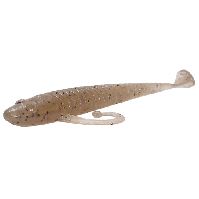 Close-up of a translucent, beige HMKL Alive Coby (Tournament Pack) soft fishing lure with black speckles, designed for musky fishing and featuring a curled tail for realistic movement.