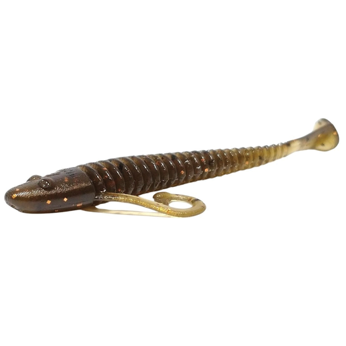Soft plastic fishing lure in brown with gold flecks, featuring a ribbed body and paddle tail, designed for catching musky as the HMKL Alive Coby (Tournament Pack).