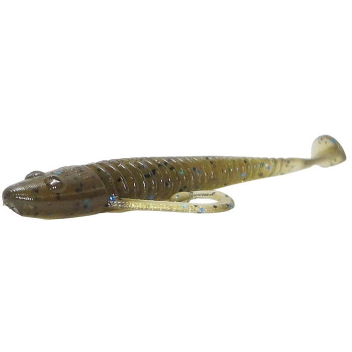 Detailed close-up of the HMKL Alive Coby (Tournament Pack) fishing lure in natural greenish-brown tones with blue speckles, designed for musky fishing tackle.