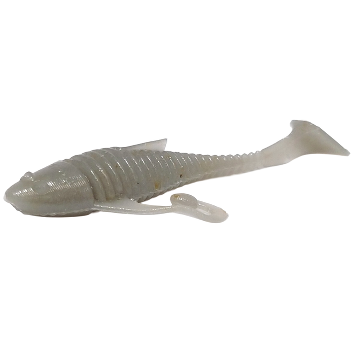 Soft plastic fishing lure in pearly white color with ribbed body and paddle tail, designed for freshwater fishing, labeled HMKL Alive Fat Coby (Tournament Pack).