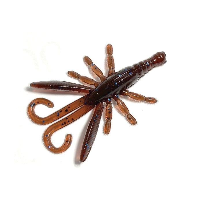 Close-up image of a brown and blue-speckled soft plastic fishing lure shaped like a crawfish with multiple appendages and curled tail sections, identified as HMKL Alive Hog (Tournament Pack).