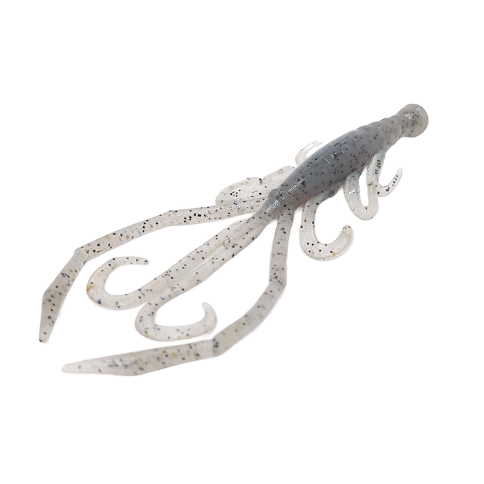 HMKL Alive Tenaga (Tournament Pack) fishing lure in translucent gray with black speckles, featuring multiple flexible appendages designed to mimic aquatic prey for fishing tackle enthusiasts.