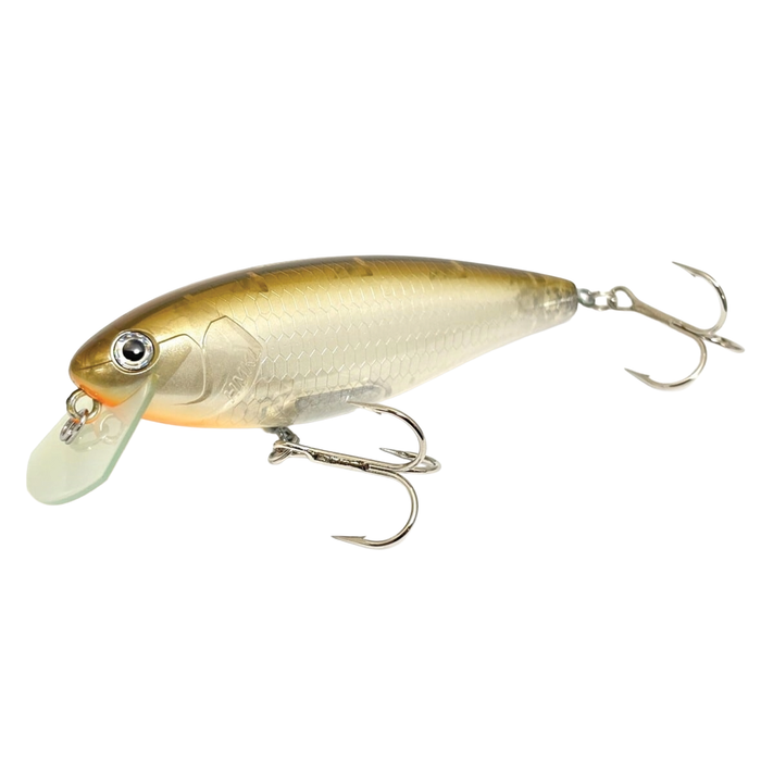 HMKL Crank 100 fishing lure with a gold and silver fish scale pattern, realistic eyes, two treble hooks, and a clear plastic lip for diving action.