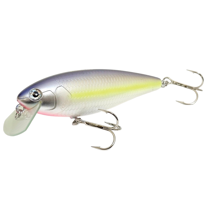 HMKL Crank 100 fishing lure with a sleek silver and yellow body, detailed scale texture, realistic eye, and two sharp treble hooks designed for effective fishing tackle use.
