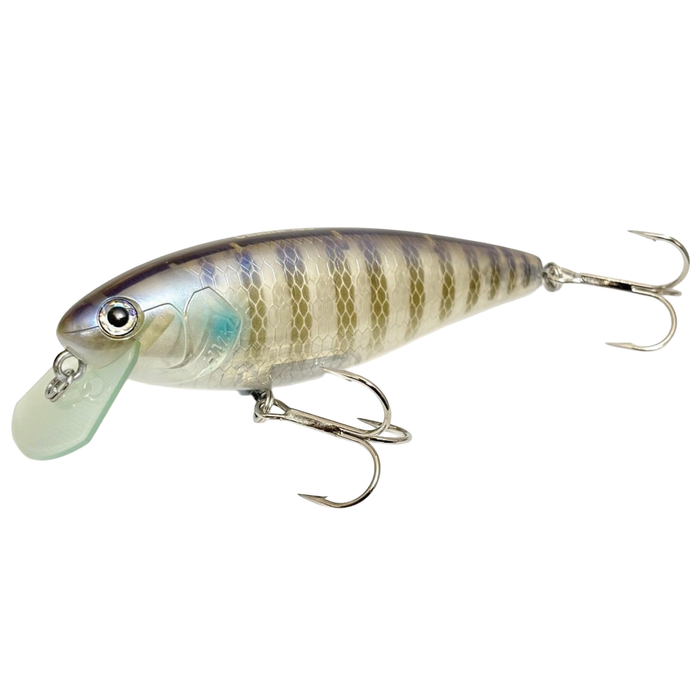HMKL Crank 100 fishing lure with a detailed striped pattern, lifelike eye, and two treble hooks designed for effective musky and freshwater fishing.