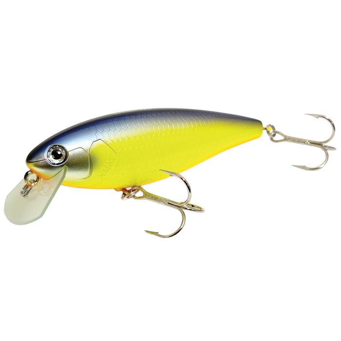 HMKL Crank 100 fishing lure with a blue and yellow body, textured scale pattern, clear diving lip, and two treble hooks for effective fishing tackle.