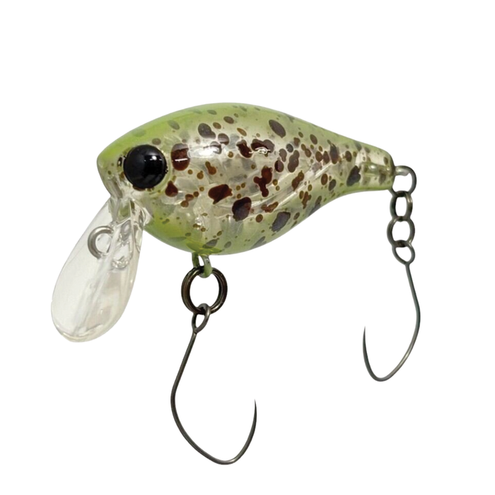 HMKL Crank 33 Une-R fishing lure with a green and brown speckled body, clear lip, and two single hooks for musky and freshwater fishing tackle.