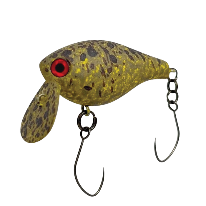 HMKL Crank 33 Une-R fishing lure with a yellow and brown speckled body, red eyes, two sharp metal hooks, and a small diving lip for freshwater musky fishing.