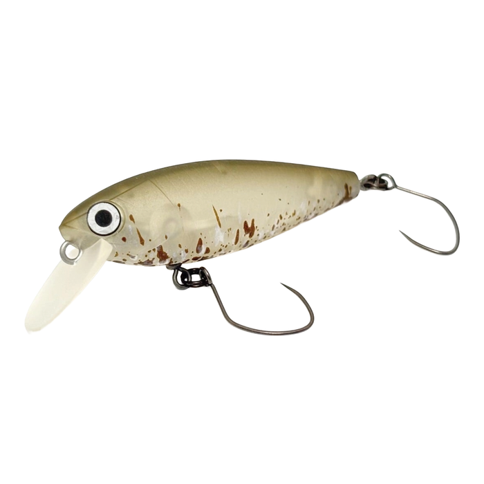 HMKL Crank 40 Area Ver. fishing lure with a beige and brown speckled body, large eye detail, and two sharp metal hooks designed for freshwater fishing tackle.