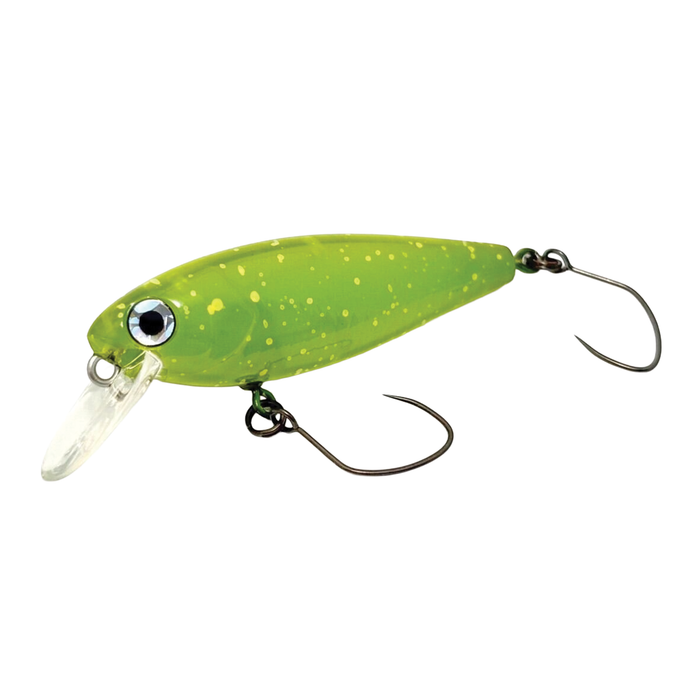 HMKL Crank 40 Area Ver. fishing lure in translucent green with yellow speckles, featuring two sharp hooks and a clear plastic diving lip for freshwater fishing.