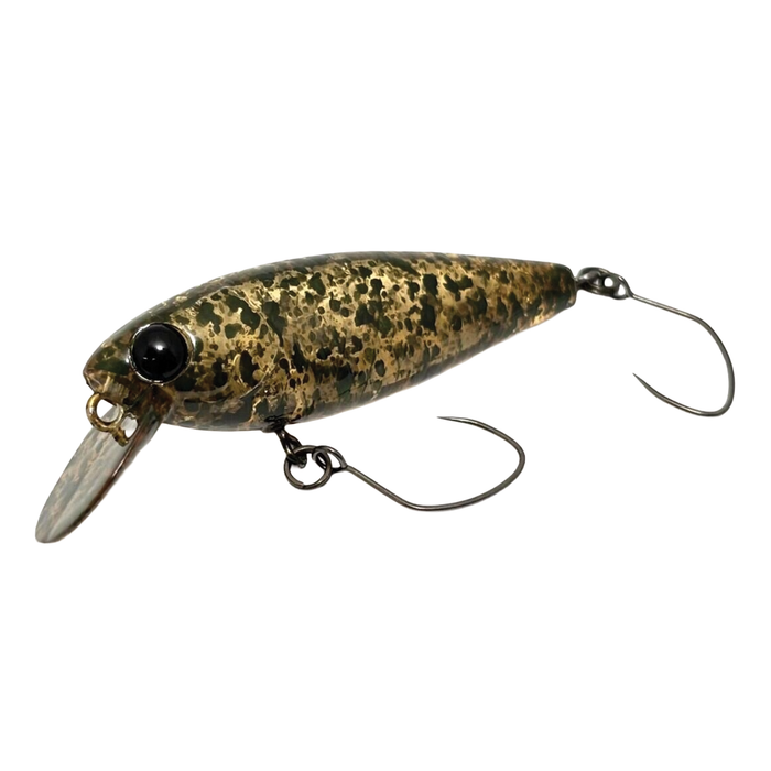 HMKL Crank 40 Area Ver. fishing lure with a camouflaged gold and black pattern, two sharp hooks, and a clear diving lip for freshwater fishing tackle.